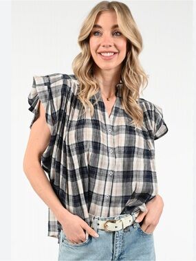 NWOT Summum Ruffled Plaid Button-Down Shirt - Navy & Cream